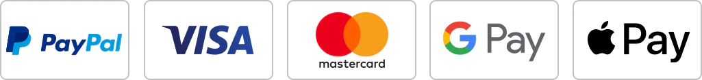 PayPal, Visa, Mastercard, Google Pay and Apple Pay accepted